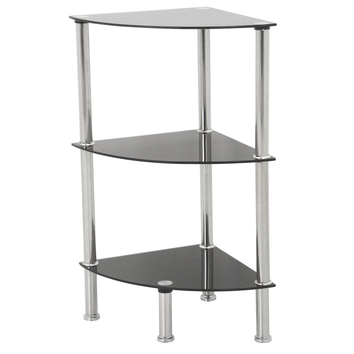 MAHARA 3 Tier Chrome Effect Black Corner Glass Shelving Unit - Tempered Safety Glass Shelves Max 5kg - Storage Unit W41cm x D30cm x H61.5cm