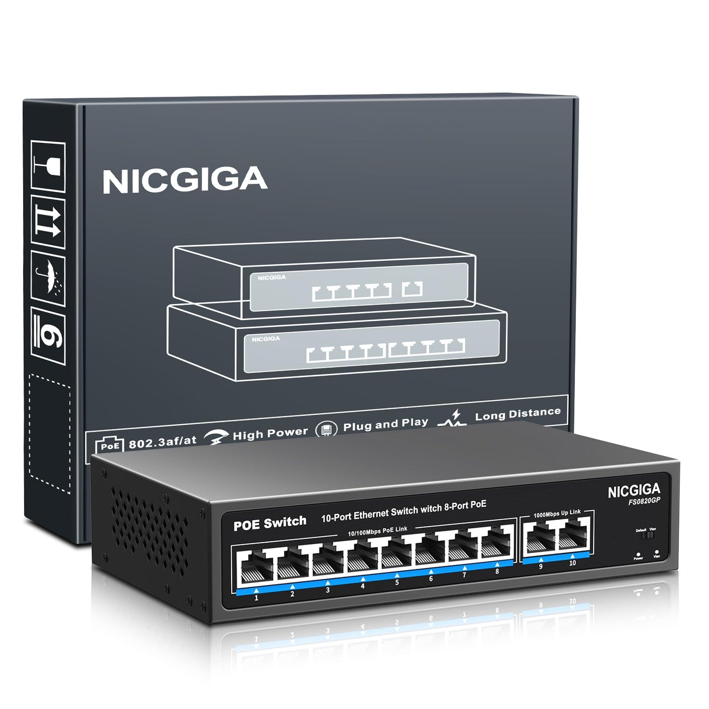 8 Port PoE Switch with 8 Ports 100Mbps PoE+@120W + 2 * Gigabit Uplink Port, NICGIGA 10 Port 802.3af/at Power Over Ethernet Network Switch Unmanaged,