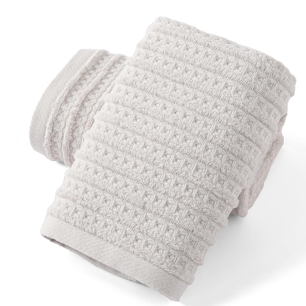 sense gnosis Light Grey Super Soft Waffle Hand Towel 100% Cotton with Terry Striped Pattern Ultra Absorbent Hand Towel for Bathroom 13 x 29 Inch, 2