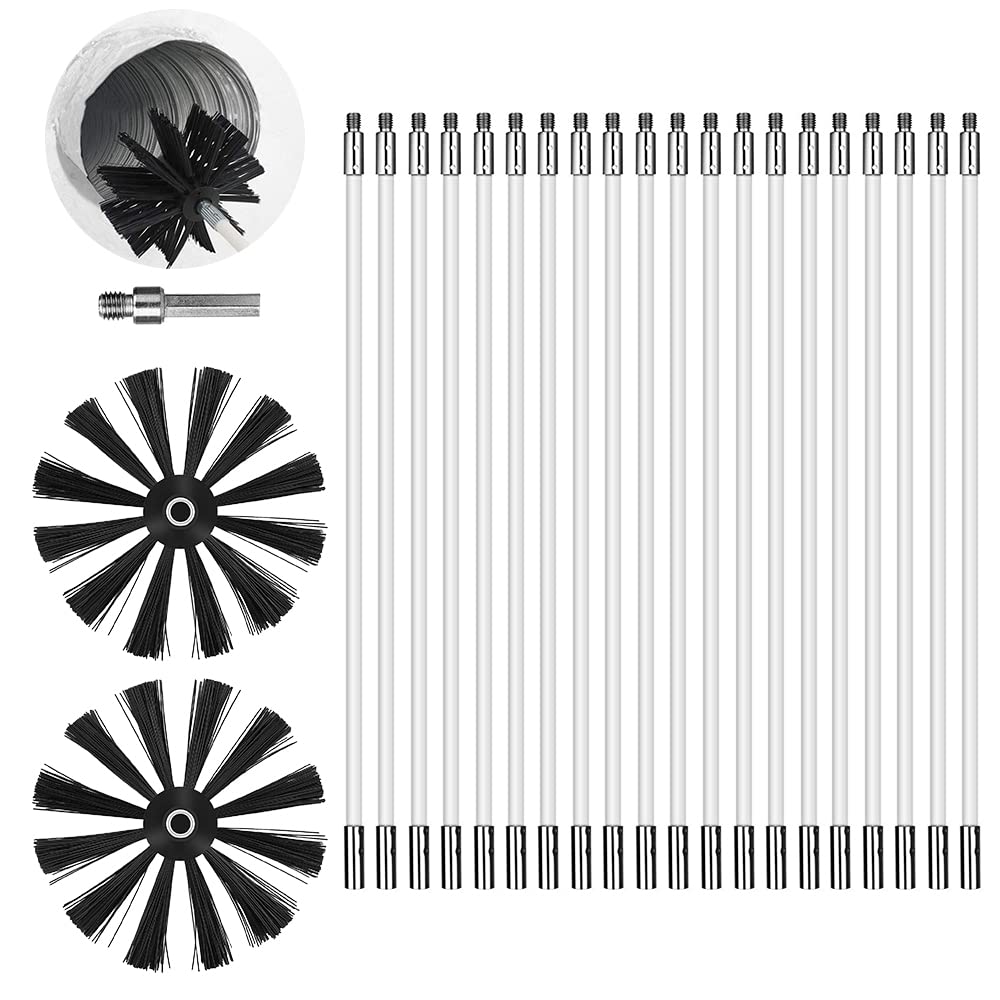 Swetup Chimney Sweep Kit, 23 Pcs Duct Vent Cleaning Set with 20 Nylon Rods 2 Brush Heads 1 Drill Connector, Chimney Cleaning Brush for Fireplace,