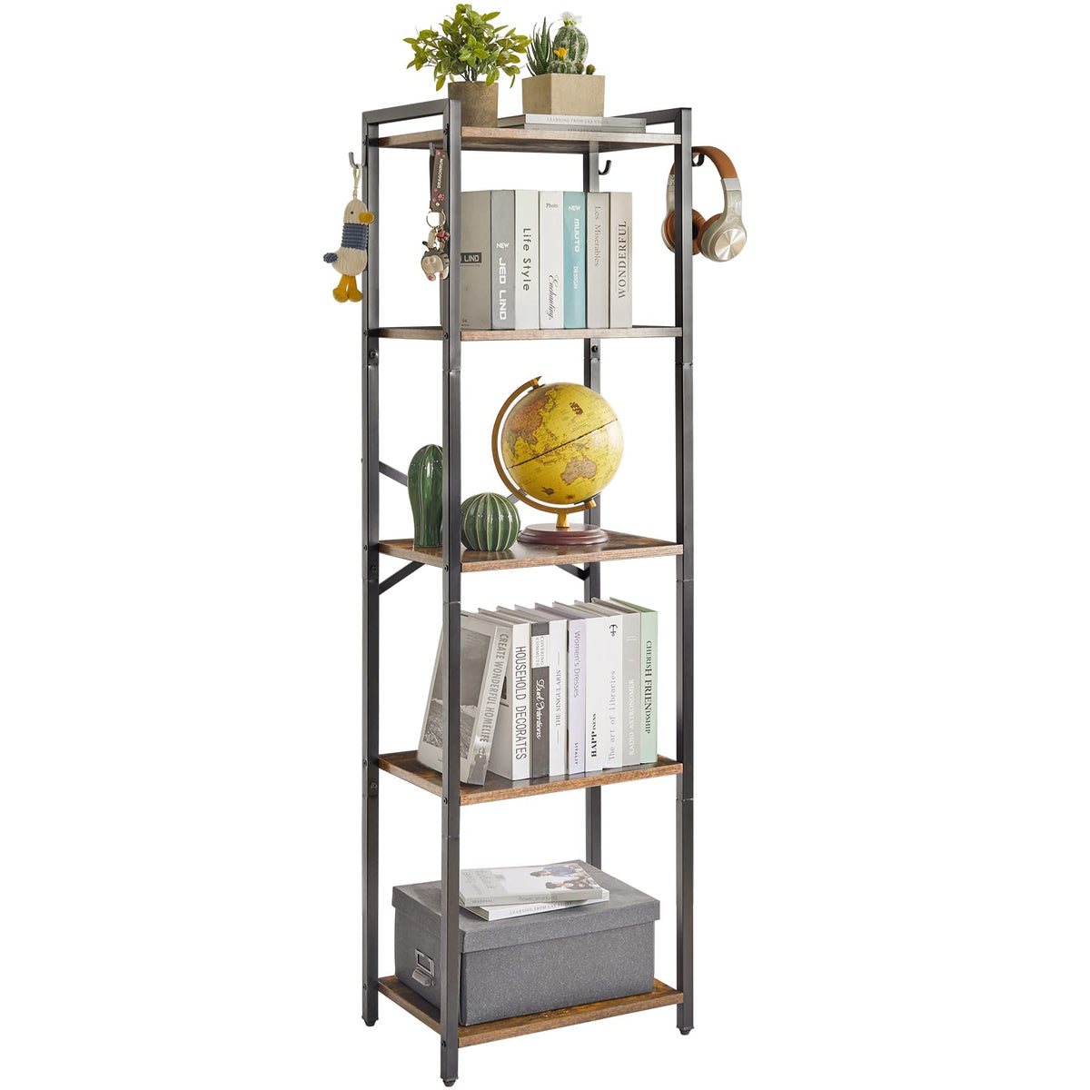 YMYNY Bookshelf,5 Tier Storage Rack, Plant Rack, Storage Rack with Steel Frame,for Living Room, Office, Study, Hallway, Industrial Style, Rustic Brown