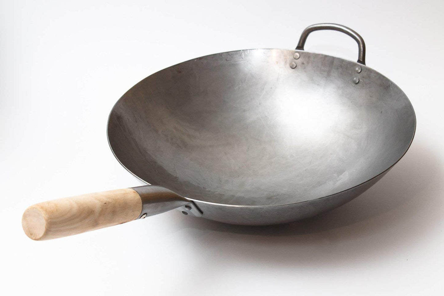 Craft Wok Traditional Hand Hammered Carbon Steel Pow Wok with Wooden and Steel Helper Handle (14 Inch, Round Bottom)/731W88