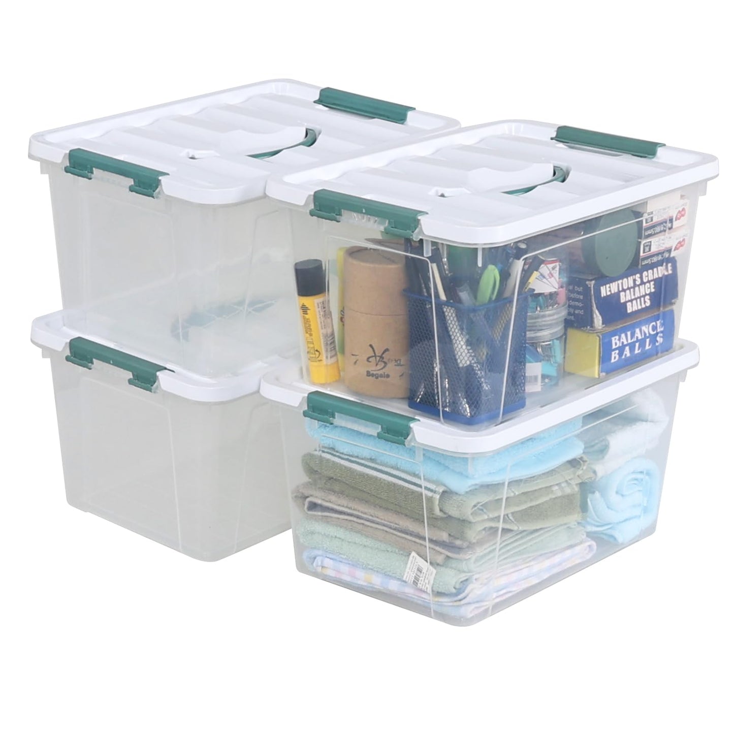 Gloreen 4 PCS Lidded Storage Box, 10L Plastic Container with Handle, Clear