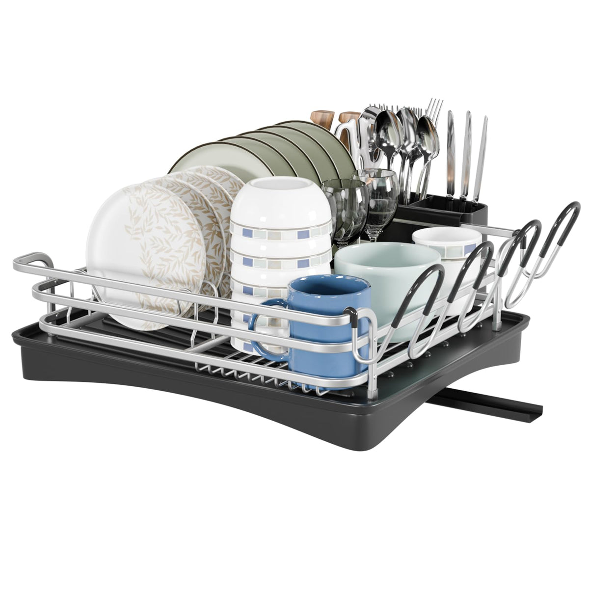 BRIAN & DANY Aluminum Dish Drying Rack, Dish Drainer with Removable Cutlery Holder & Cup Holder, Unique 360 Swivel Spout Drain Board, Silver, 41.9x
