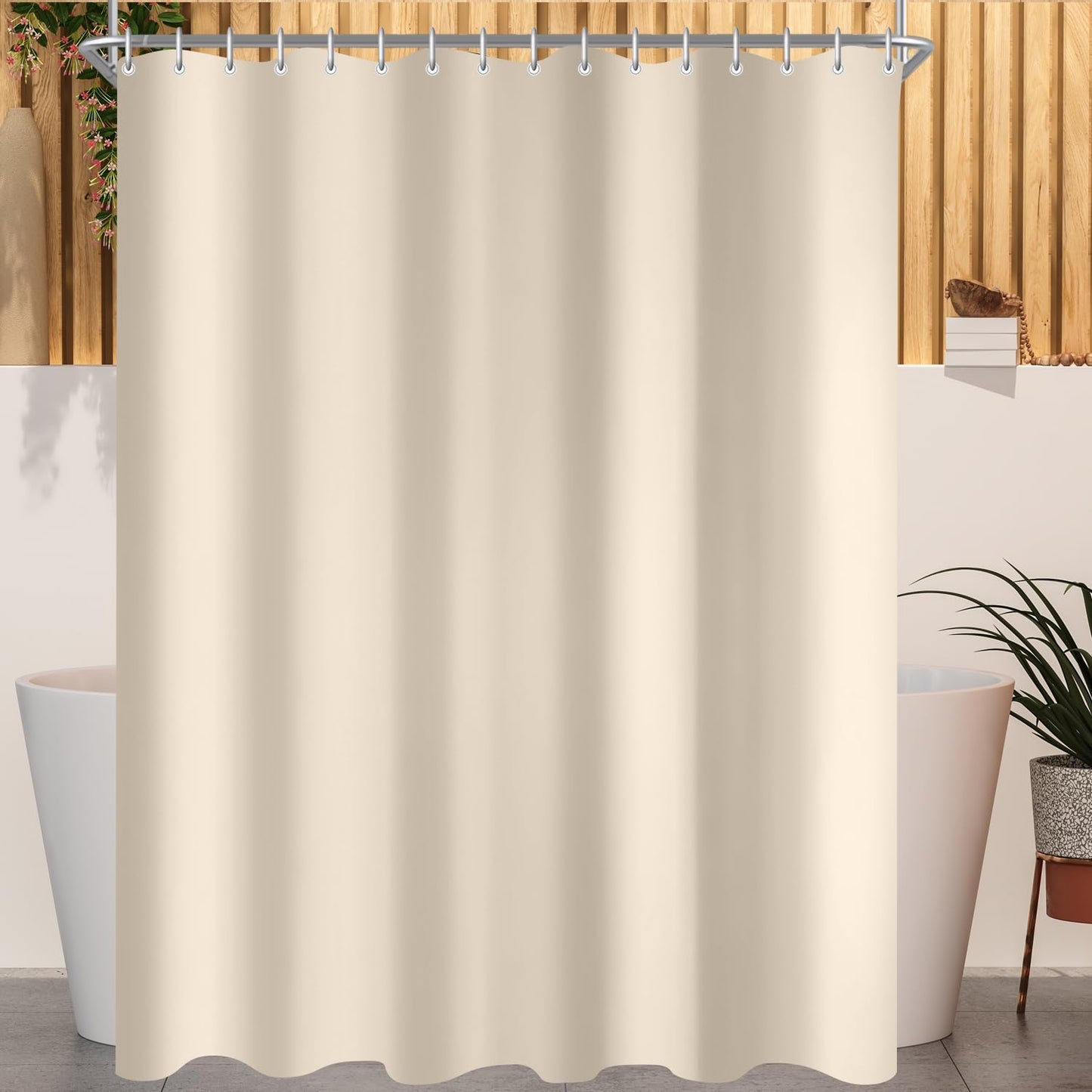 Lerores Shower Curtain, 300 x 200 cm, Beige, Weighted Hem, Anti-Mould Textile, Water-Repellent, Washable Polyester Fabric Bath Curtains for Bathroom,