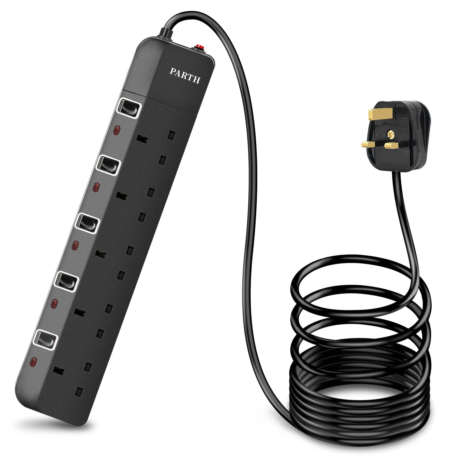 PARTH 2M Black Extension Lead Surge Protection - 5 Gang Multi UK Plug Extension Socket with Switches - 2 Metre Long Heavy Duty Cord Extension Cable-