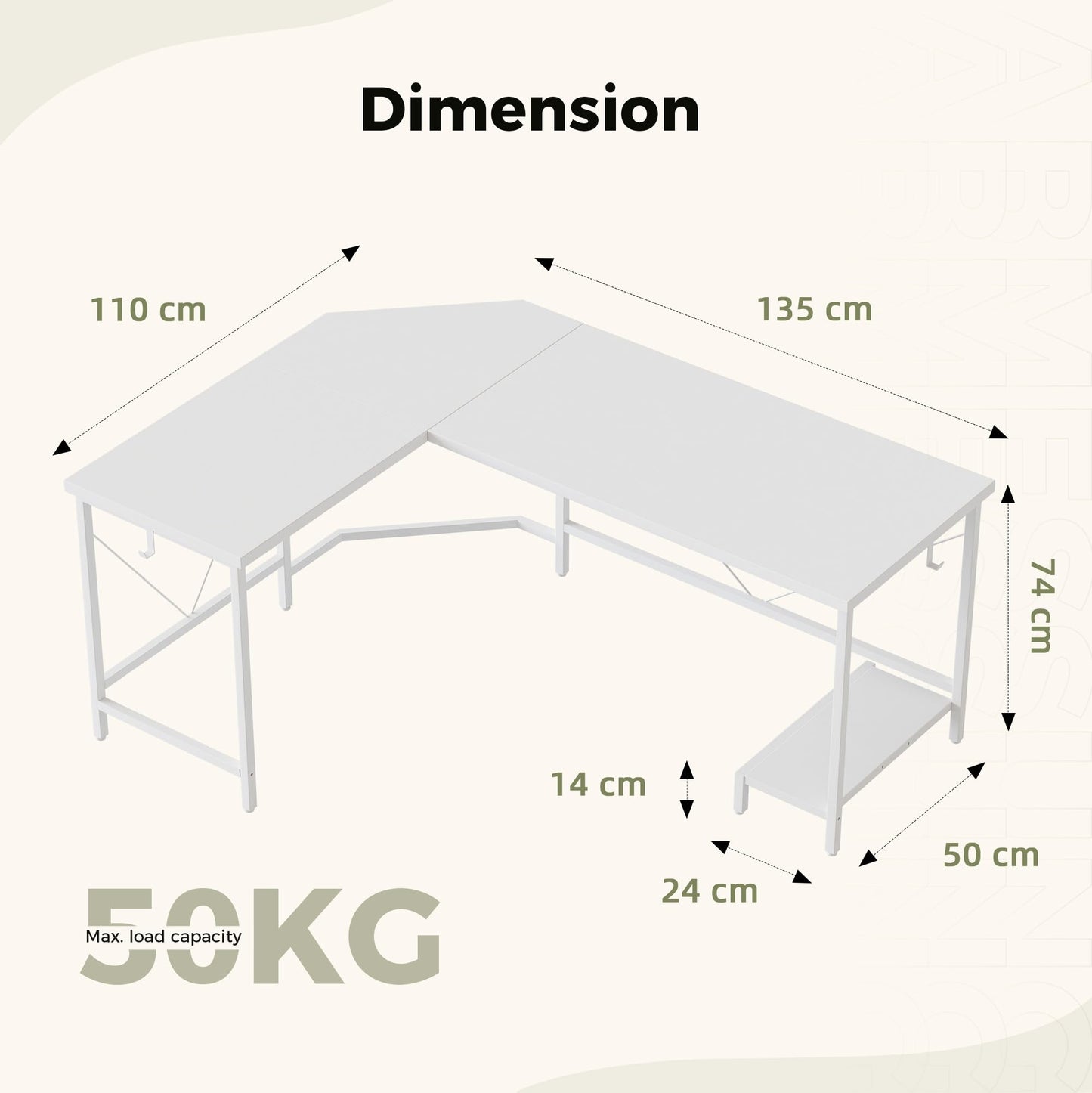 Mericonia L Shaped Desk, Diamond Design for Socket, 135x110cm, White
