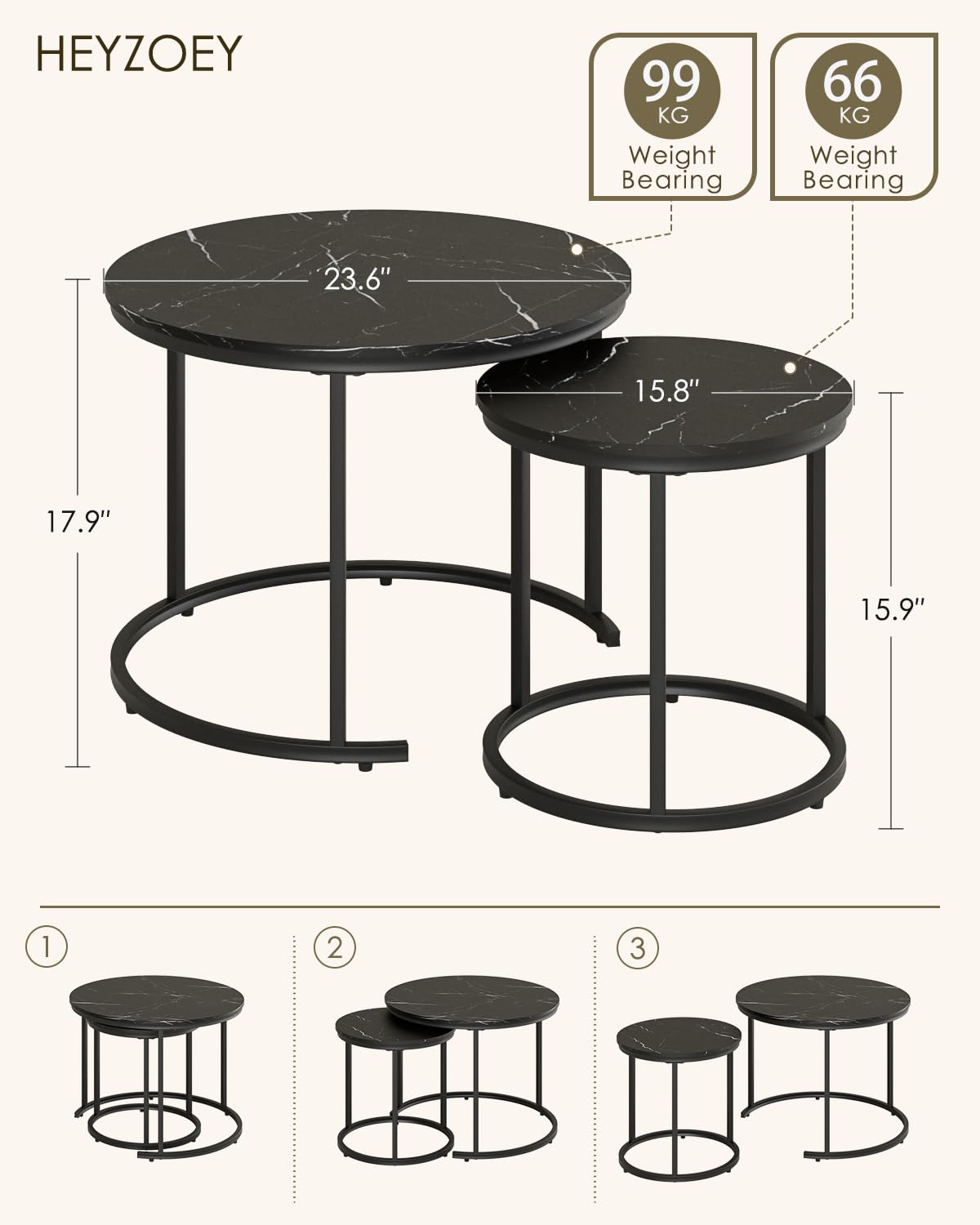 HEYZOEY Round Coffee Tables, Removable Set of 2 End Table, Nesting Tables with Metal Frame Legs and Black Top for Living Room, Bedroom, Office