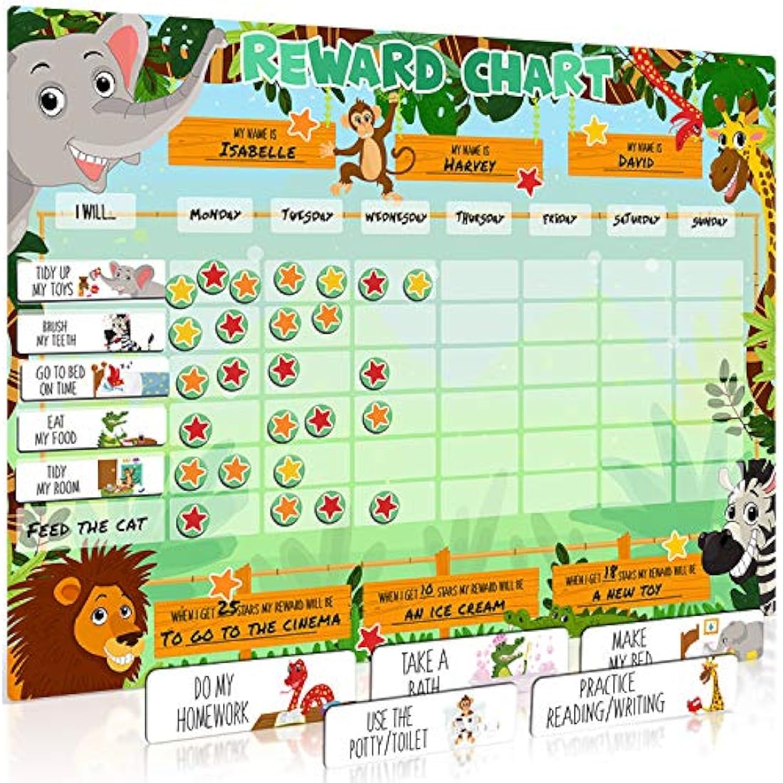 Luigi's Large Safari Animal Potty Training Reward Chart | Chores Chart for Kids: Encourages Good Behaviour and Customisable Magnets and Dry Erase Feature | Sticker Chart for Children Behaviour