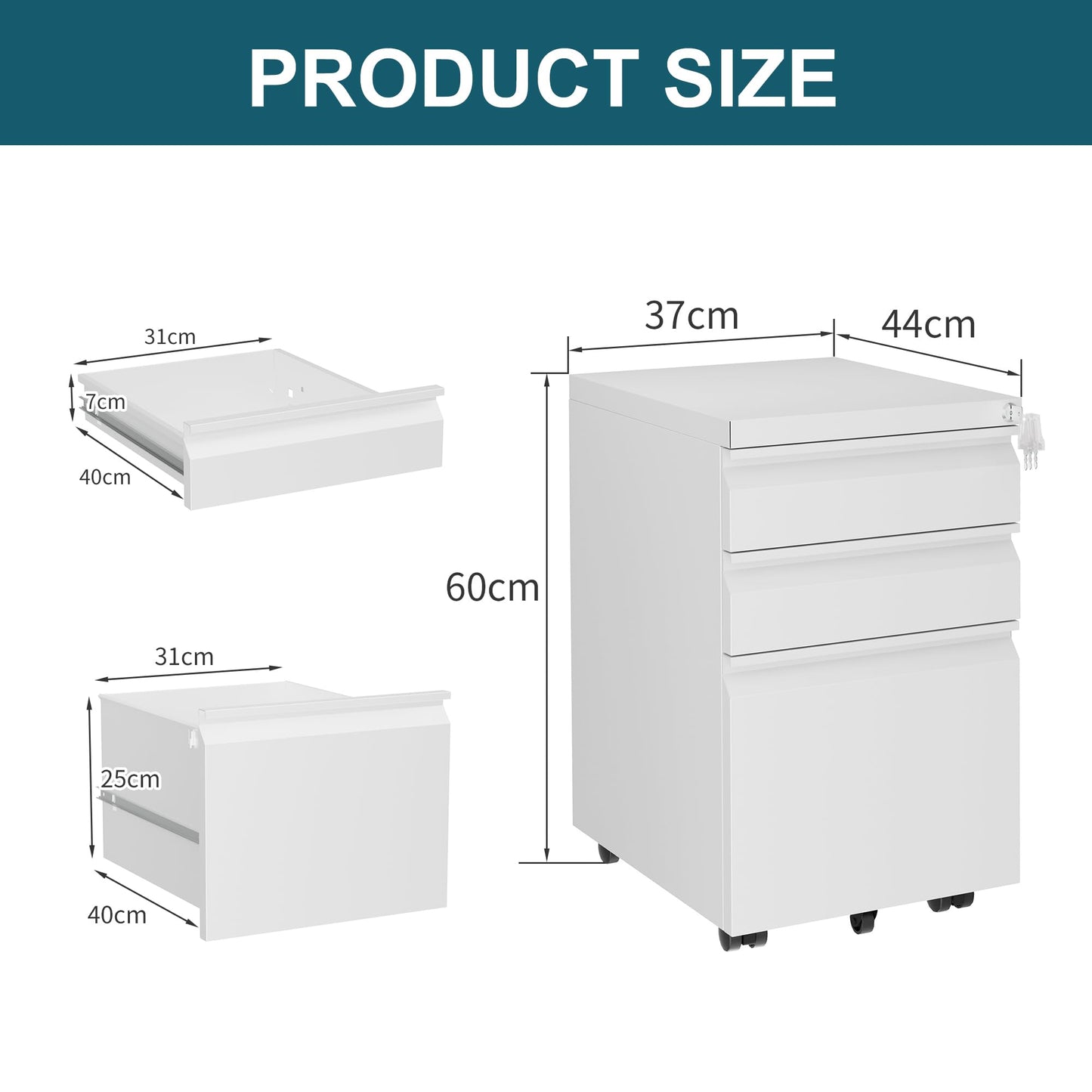LVSTEEL Mobile Filing Cabinet, Lockable 3 Drawers with Suspension File Hanging Rails, With 4 Keys