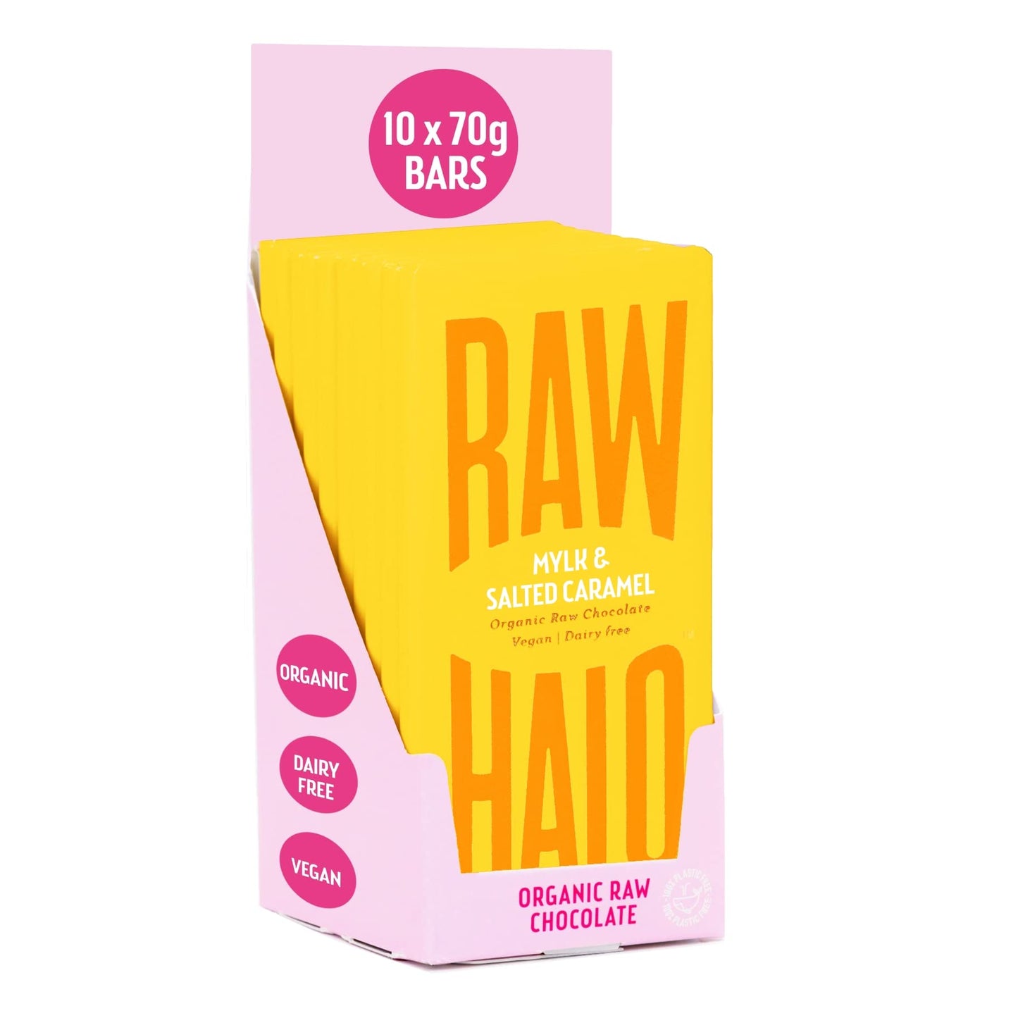 Vegan Chocolate Bar - Raw Halo - Mylk & Salted Caramel - 10 x 70g Bars - Organic, Dairy & Gluten Free