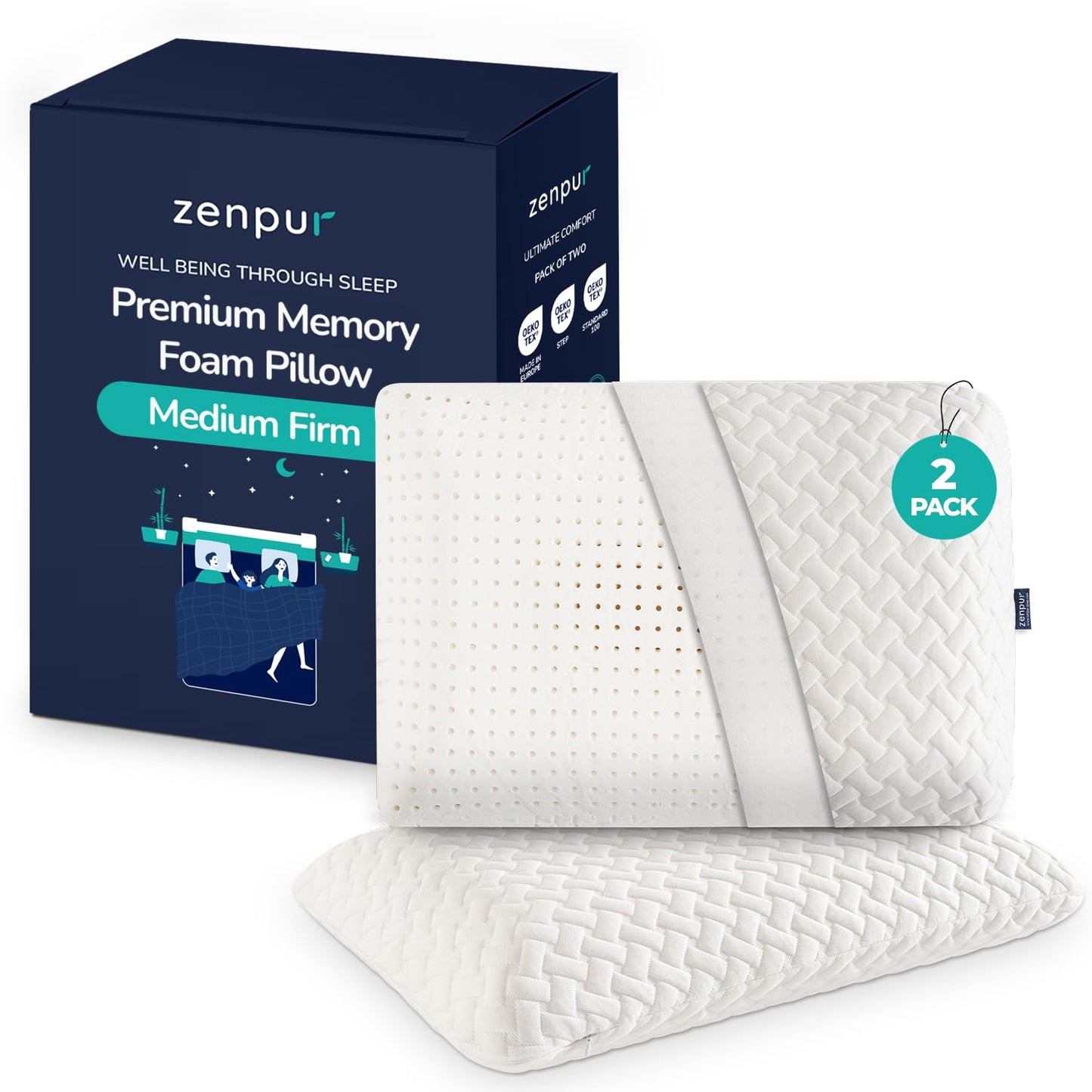 ZenPur Memory Foam Pillow - Orthopedic Neck Support, EU-Made, Side Sleeper Pillow with Bamboo Cover, Alleviates Neck, Shoulder Pain, and Aids Spine