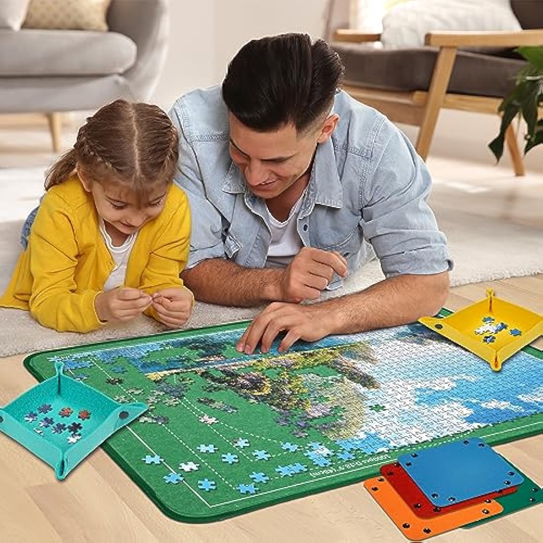 MOZOOSON Jigsaw Puzzle Board - 1000 Pieces Storage, Puzzle Storage Board 32 x 22inches, Jigsaw Puzzle Accessories for Easy Move and Store (6 Puzzle Sorting Trays & 1 Clear Cover)