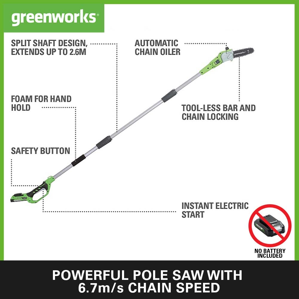 Greenworks G24PS20 Cordless long reach Pole Saw (Great for Pruning and Trimming Branches), 8 Inch (20cm) Bar Length, 6.7m/s Chain Speed, light weight,