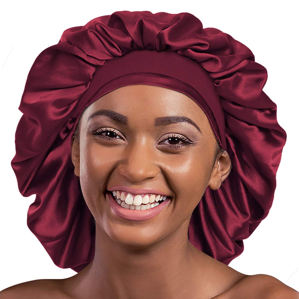 Alnorm Silk Satin Bonnet Sleep Cap Extra Large for Braids Locs Curls Hair Wine Red