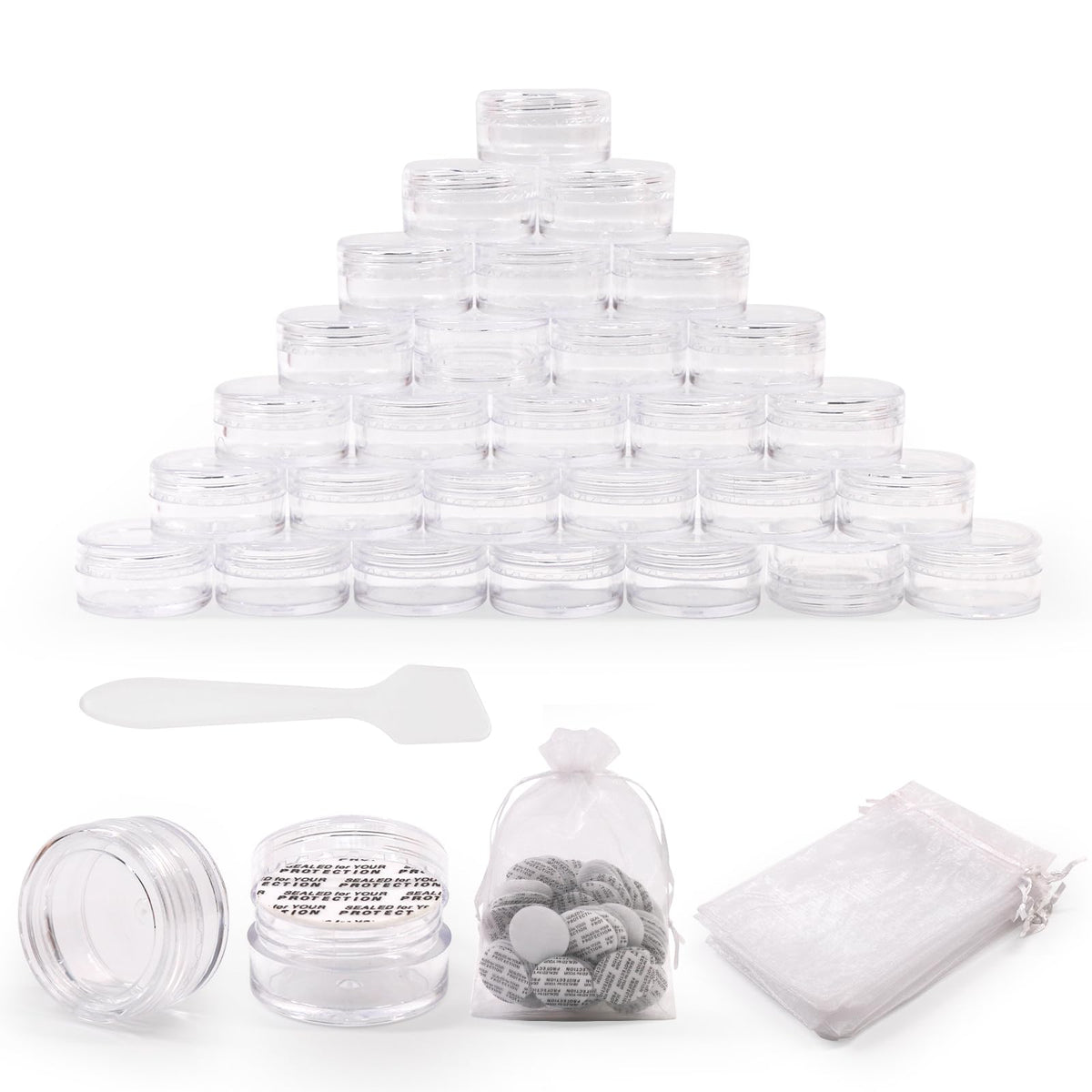SumDirect 100Pcs 5Gram Clear Empty Cosmetic Containers Jars Sample Pots Bottles, Travel Pots for Cream, Lotion, Lip Balm with Mini Spatula and 10Pcs
