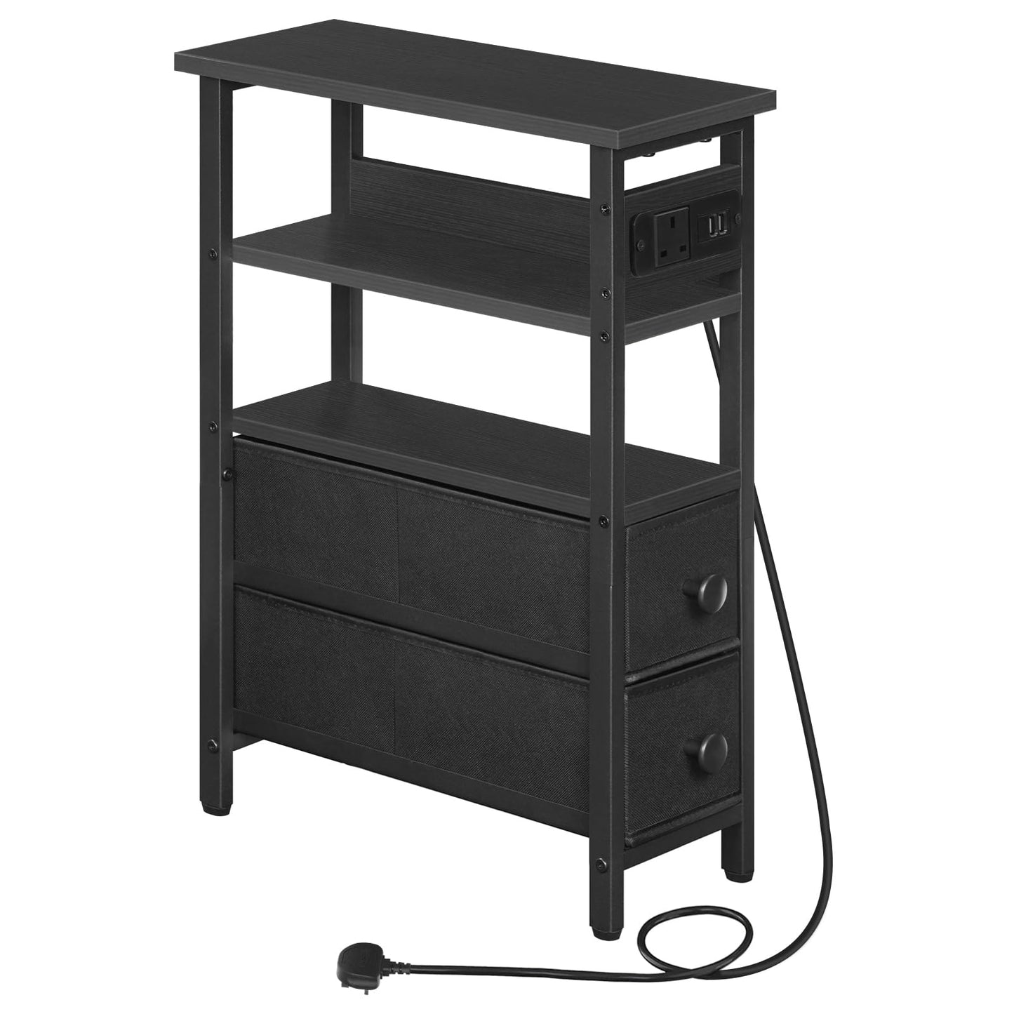 HOOBRO Side Table with Charging Station, Narrow Side Table with 2 Non-Woven Drawers, USB Ports and Power Outlet