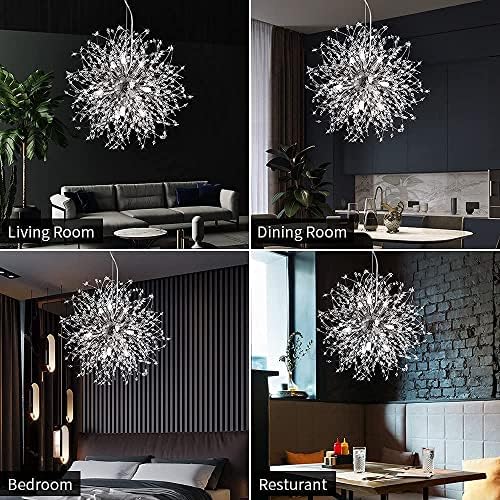 PIAOPIAO Modern Firework Chandeliers Dandelion Pendant Light, 8 Lights G9 Lamps Alloy Fixtures - with Bulb and 32 Strings Crystal, for Living Room, Bedroom, Dining, Foyer, Shop (Cold Light, Silver)