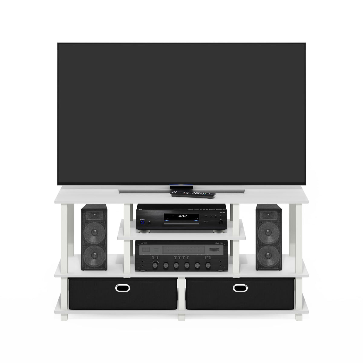 Furinno JAYA TV Stand, 4-Tier Entertainment Center, TV Console for TV up to 55 Inch with 2 Storage Bins and Open Shelves, for Living Room, Bedroom