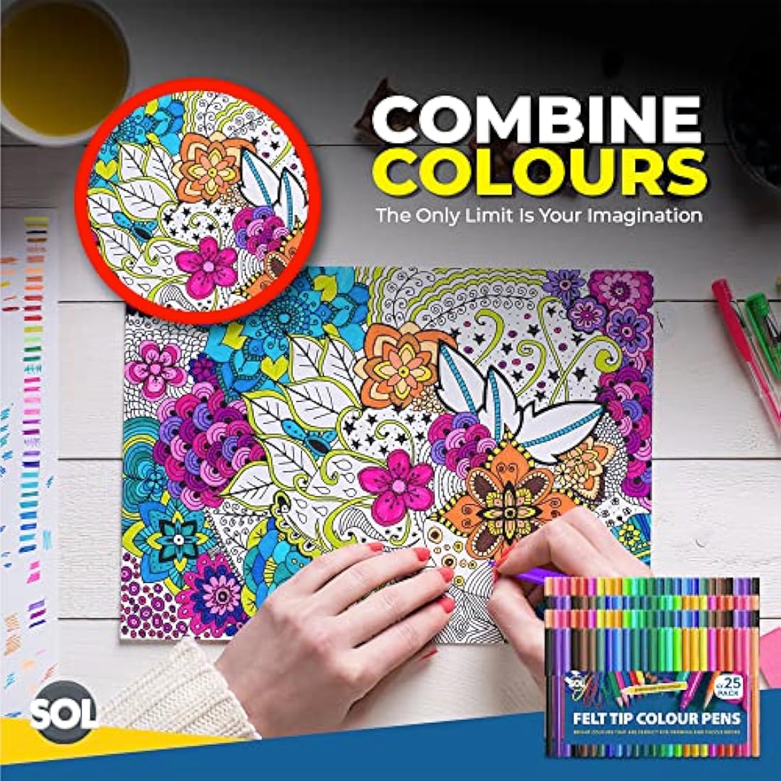 SOL 100 Felt Tips Colouring Pens for Adults & Kids Felt Tip Pens for Children Drawing Coloured Pens Felt Pens, Colouring Pens for Kids Coloured Markers Pack Felt Tip Pens for Adults Colouring Book