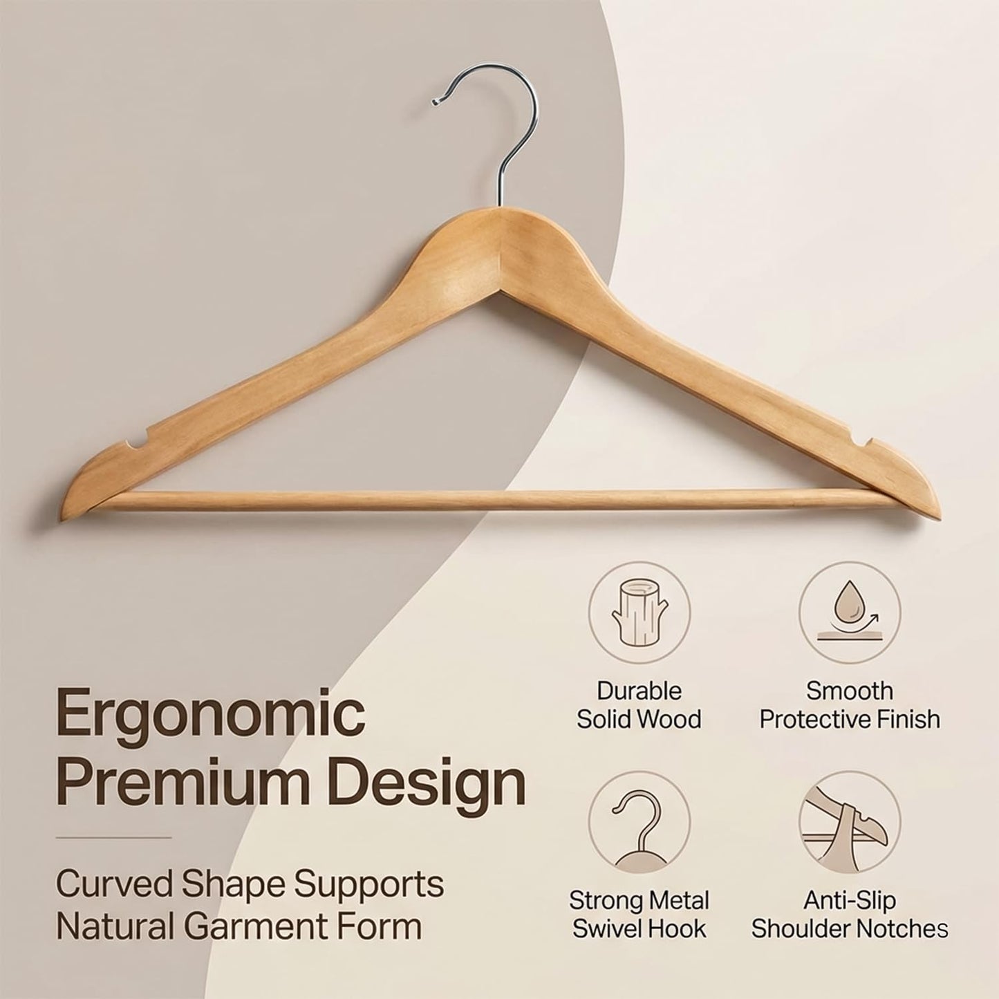 DrySmart 20 Pack Wooden Coat Hangers with 360° Swivel Hook, Round Trouser Bar & Shoulder Notches – Durable Space-Saving Closet Hangers for Men & Women