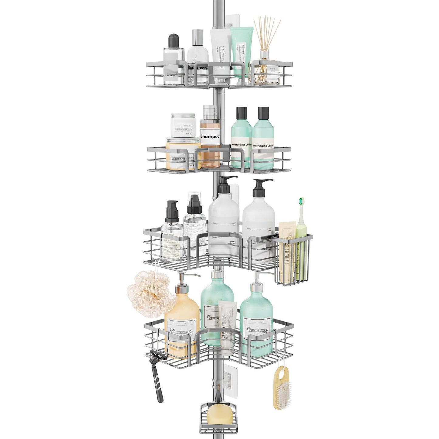 SWTYMIKI Telescopic Shower Caddy Corner - 4-Tier Rustproof Shower Corner Shelves, Tension Rod with Soap Holder, Adjustable No-Drill Organiser for