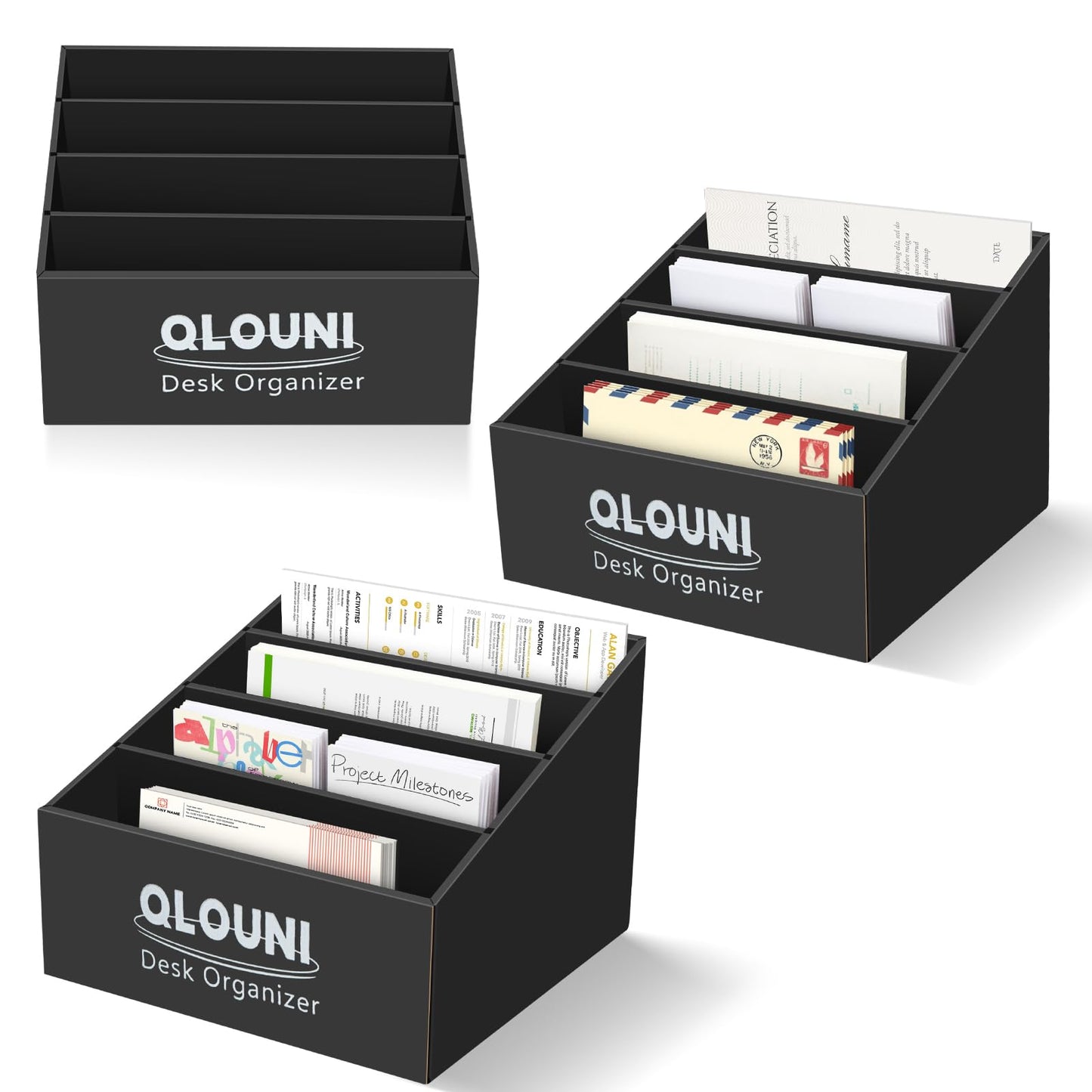 QLQUNI Desk Organiser, 4 Compartment Step Desk Tidy, Black Desktop Storage Box for Letters, Bills, Stationery & Office Supplies