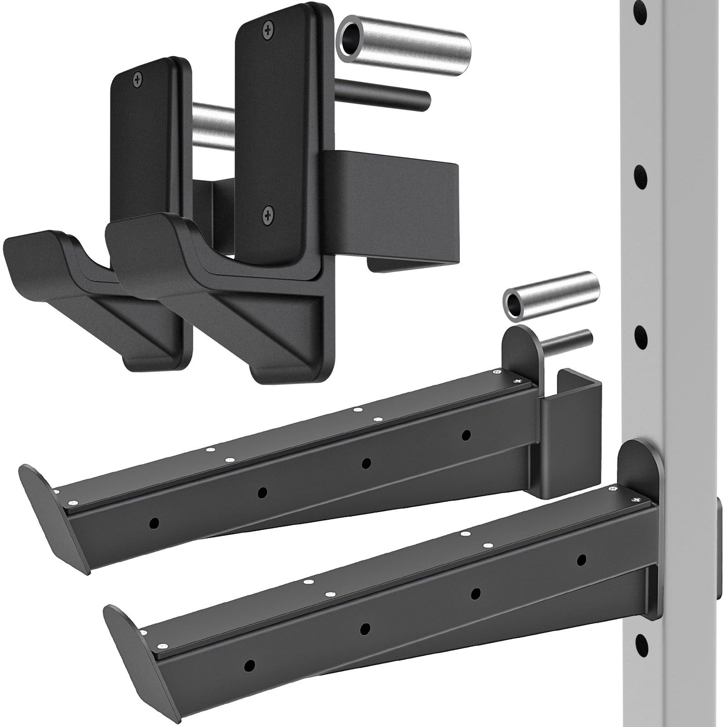 Kipika Safety Spotter Arms and J-Hooks for 2" x 2" Power Racks with 5/8" or 1" Hole - Heavy Duty Barbell Holders and Catches with Rubber Pads - Power