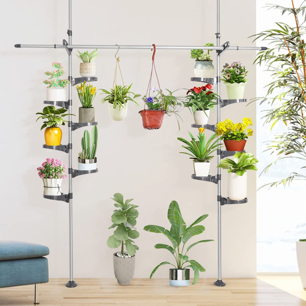 BAOYOUNI Indoor Plant Pole Stand Double Tension Rods Flower Pot Storage Shelf Holders Floor to Ceiling Display Rack Hanger with 12 Trays, 2 Hooks & 1