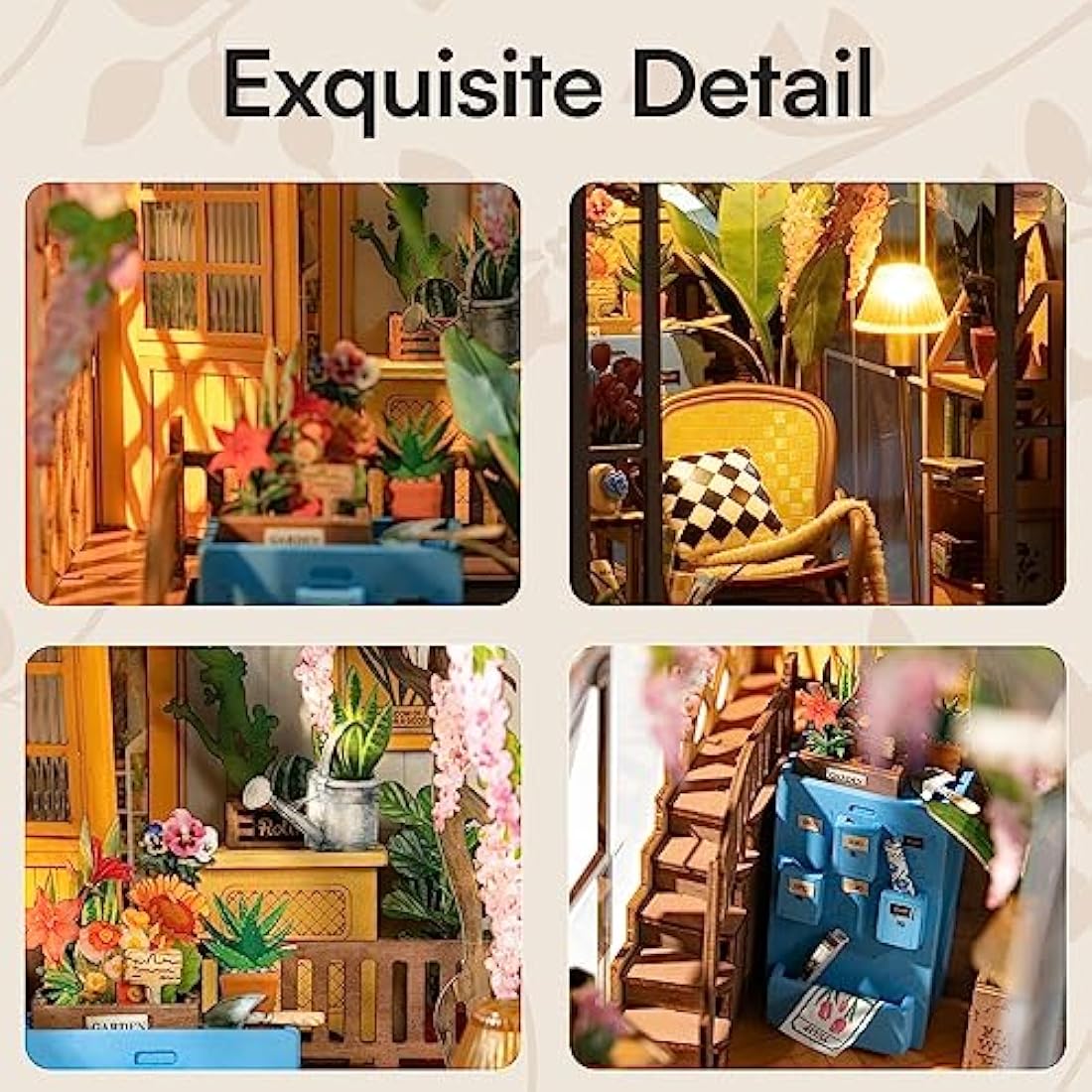 ROBOTIME Book Nook Kit Gardenhouse with LED Lights, DIY Miniature Dolls House Kit 3D Wooden Puzzle Bookend Booknook Book Shelf Decoration Gift