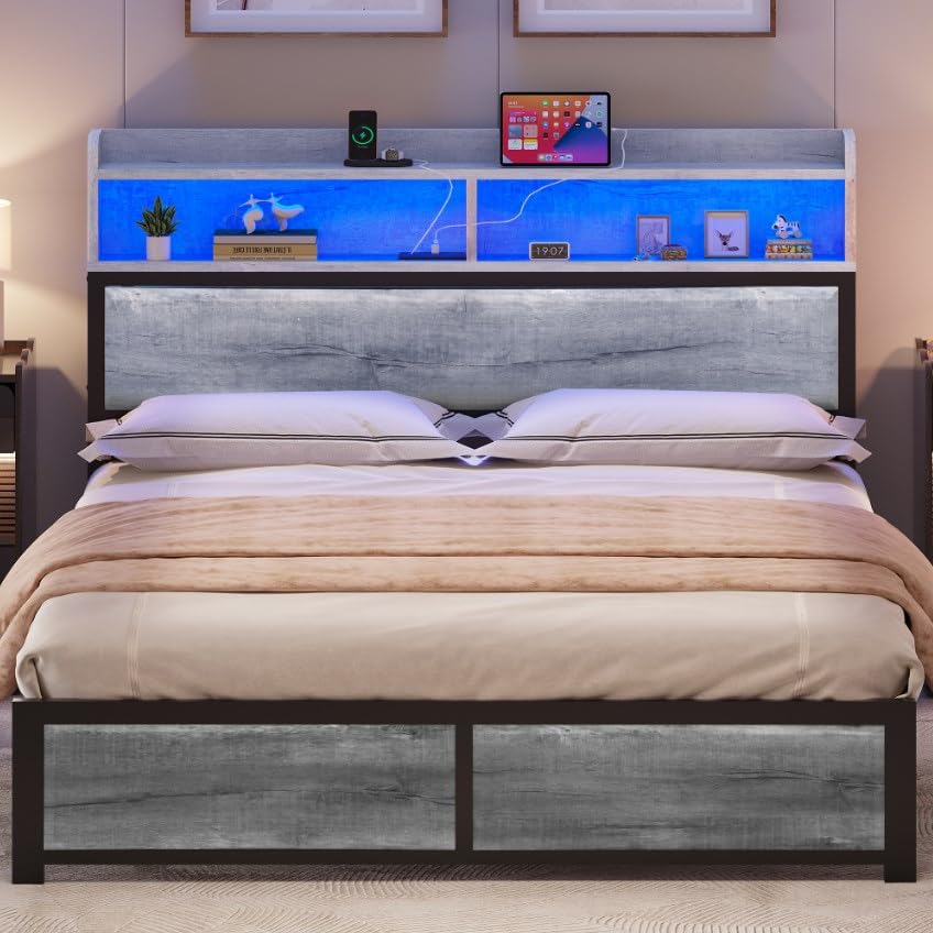 YITAHOME Bed Frame,LED with Headboard,USB Ports & Charging Outlets,Metal Platform Bed Frame with 2 Tiers Storage Shelves, No Box Spring Needed Super