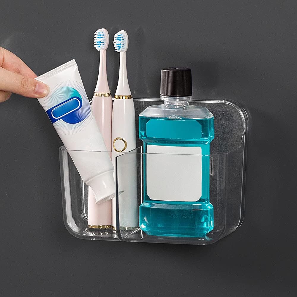Ettori Toothbrush Holder,Toothbrush Caddy with 2 Compartment,Shower Caddy,Bathroom storage,Wall Mounted Adhesive Storage for Bathroom,Kitchen No