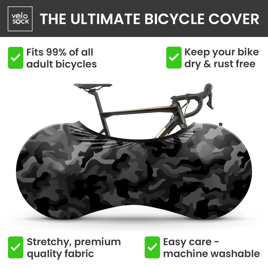 Velo Sock Bicycle Indoor Cover for Storage and Transportation, Stretchy Dirt Proof Fabric, Bike Travel Protection Cover ? Camo (Black)