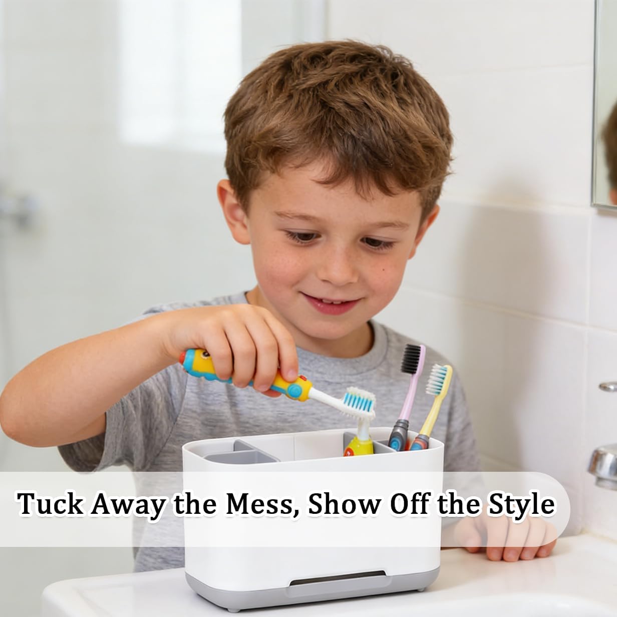 Toothbrush Organiser for Bathroom Counter, Durable Toothbrush Holder with Ventilated Base, Space Saving Tooth Brush Holder