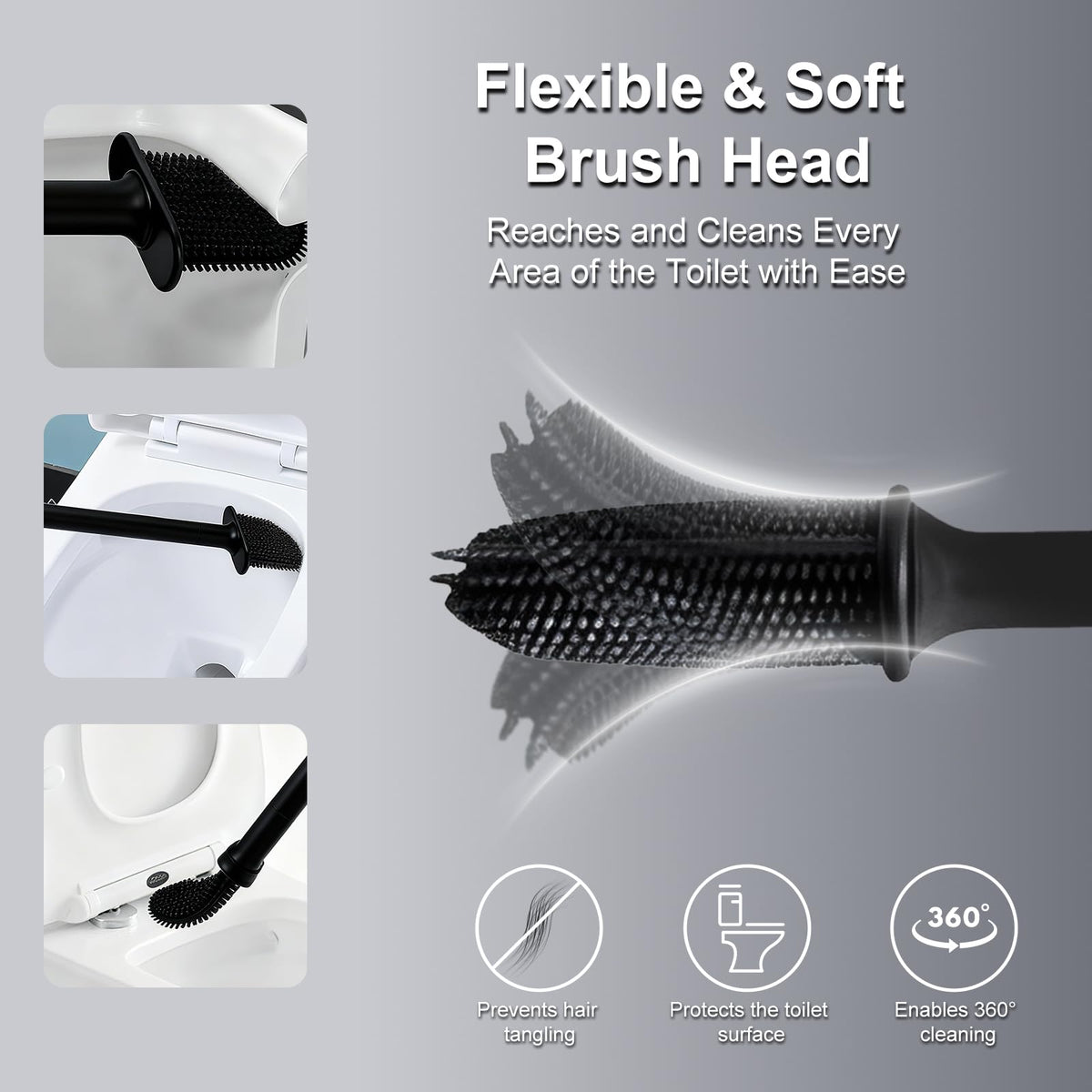 Silicone Toilet Brush Wall Mount Flat Flexible Head Bathroom Set