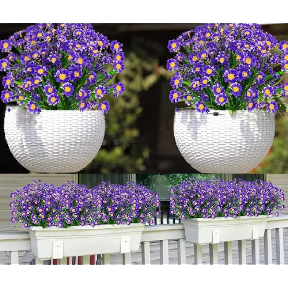 4PCS Artificial Daisy Flowers Outdoor Spring Summer Decoration UV Resistant Fake Flowers Faux Plastic Greenery Shrub Plant Indoor Outside Hanging Garden Home Porch Wedding Party Decor (Purple)