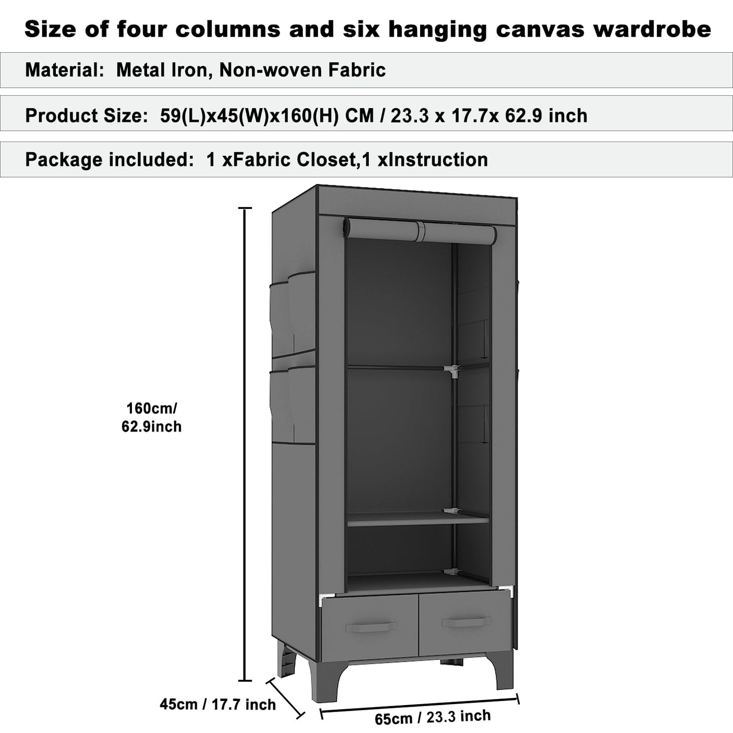 OPPAIYA Canvas Wardrobe, Temporary Wardrobes With Hanging Rails, 2 Shelves、8 Side Bags & 2 drawer