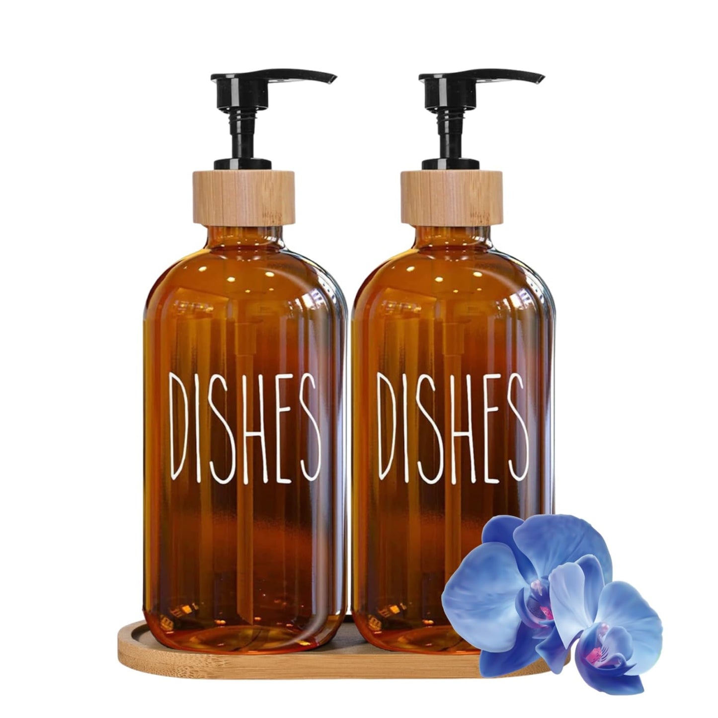 Amber Glass Hand and Dish Soap Dispenser Set Kitchen Soap Dispenser Set with Tray Bamboo Plastic Pump Bottles for Kitchen Sink - Modern Home Decor,