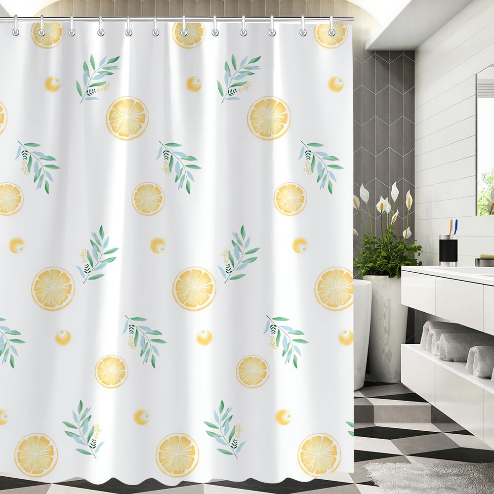 Lerores Shower Curtain, 240 x 200 cm, Lemon Leaves Plant, Weighted Hem, Anti-Mould Textile, Water-Repellent, Washable Polyester Fabric Bath Curtains