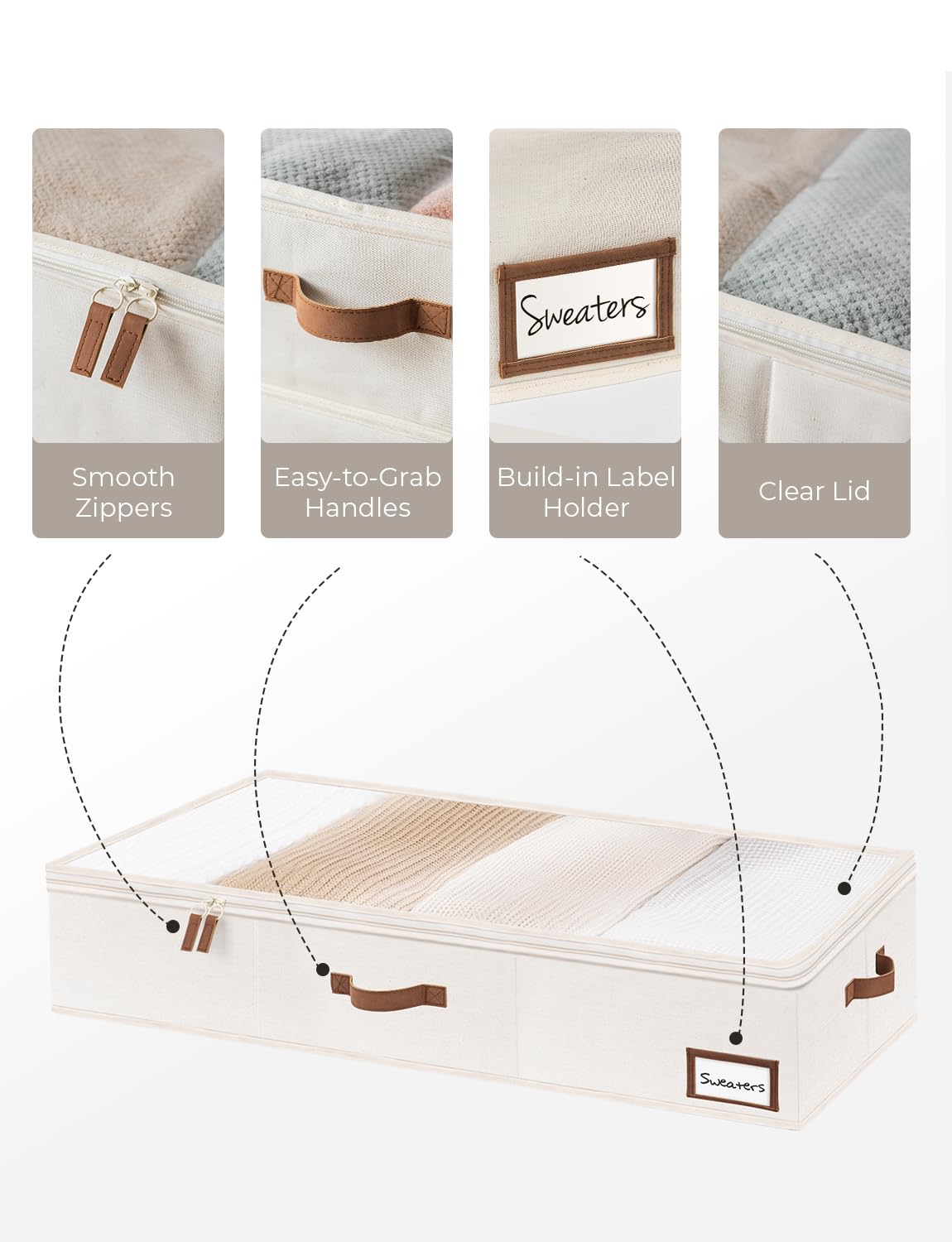 StorageWorks Underbed Storage Box, Under Bed Clothes Organizer With Sturdy Structure and Ultra Thick Fabric, Ivory White, Large, 2 pack