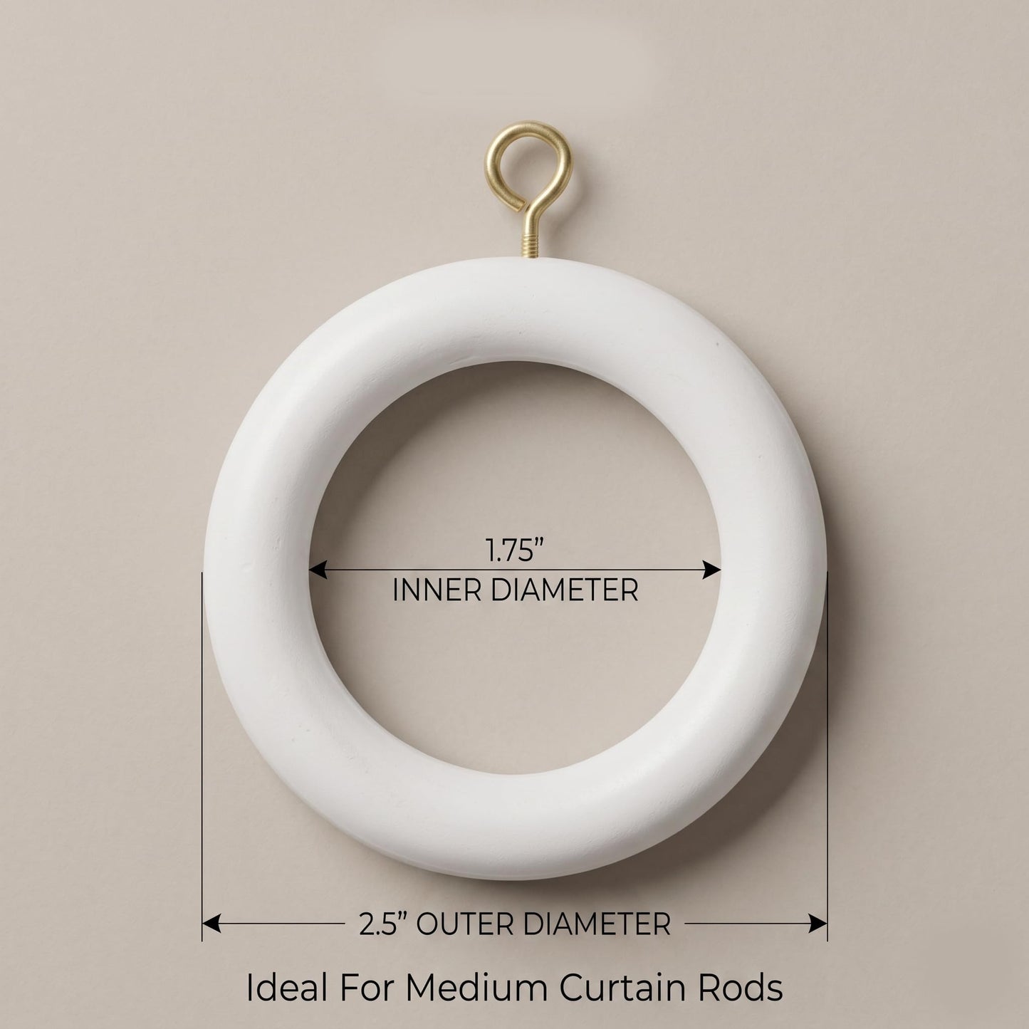 12 Pcs White Wooden Curtain Rings with Hooks | 2.5 Inch Outer Diameter, 1.75 Inch Inner Diameter | Fits 1 to 1.5 Inch Curtain Rods
