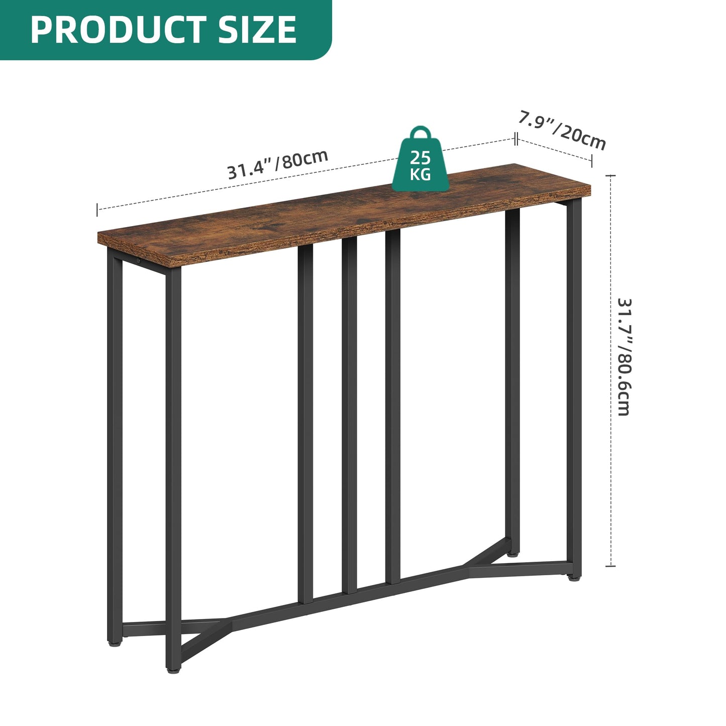 YITAHOME Console Table, 80CM Slim Console Table, Rustic Brown and Black