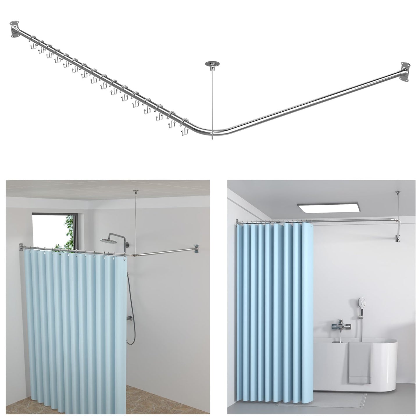 KULACO Shower Curtain Rail L Shape, Adjustable Shower Rail Made of SUS304 Stainless Steel, Shower Curtain Rail Corner 100-120 x 100-190 cm Shower Rail