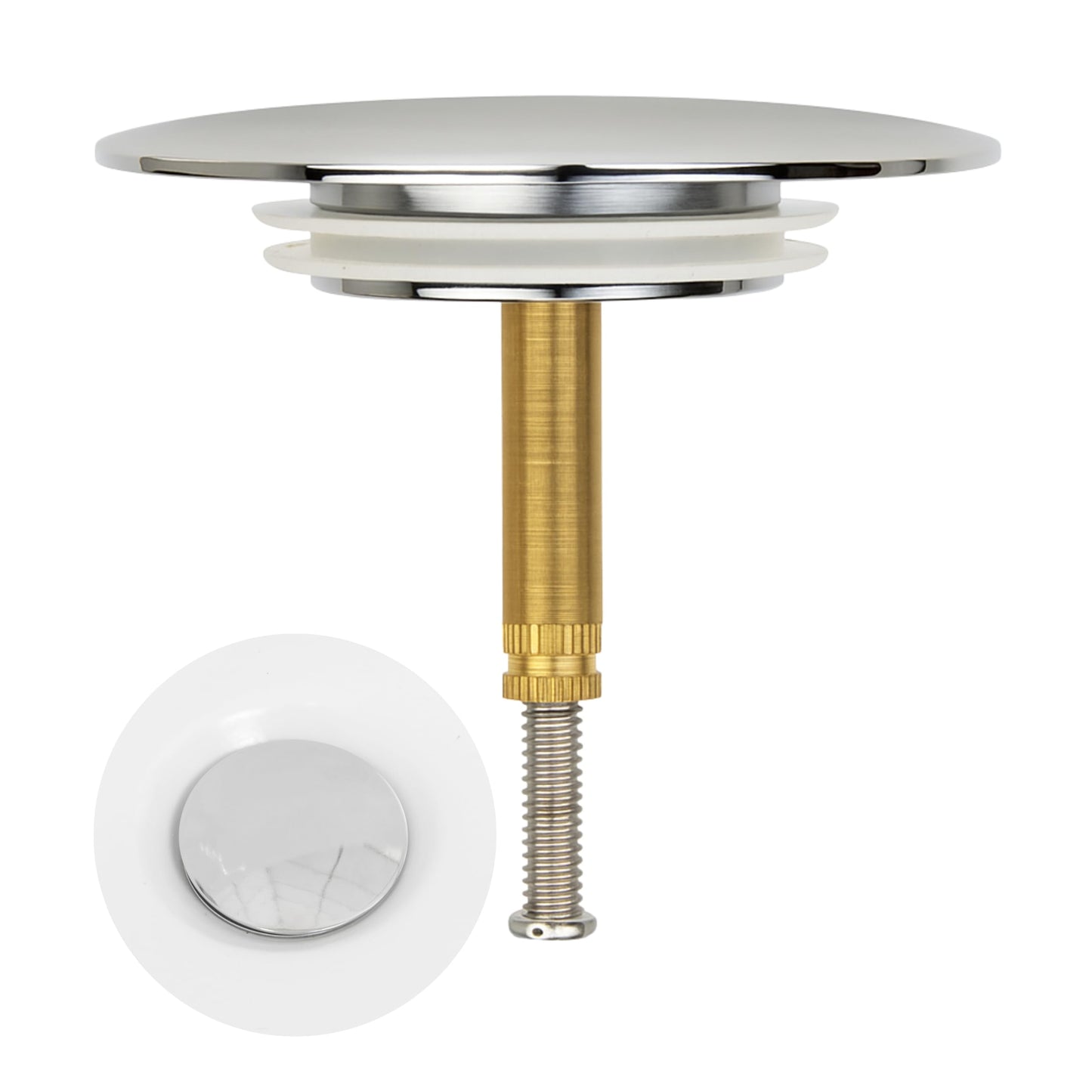 Brass bath plug, 1 pack, Ø 72 mm valve cone, high-gloss chrome, suitable for Viega Rotaplex, Hansgrohe, Grohe drain set, 34-52 mm eccentric spigot