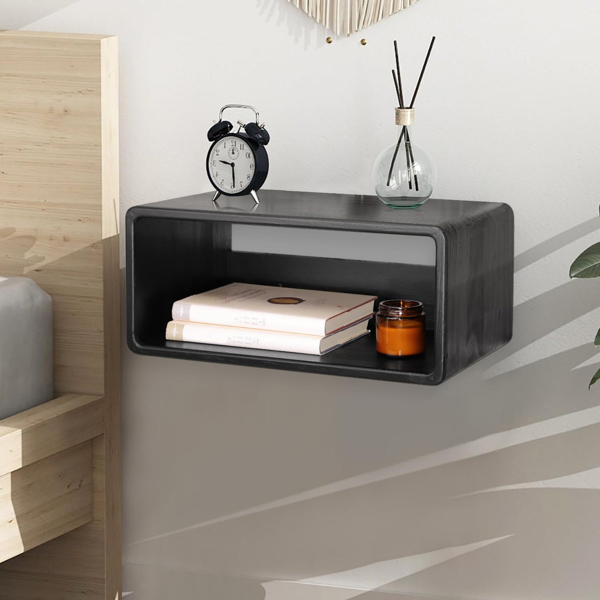 WDSHIYI Floating Nightstand Oak Wooden Shelf Wall Mount - Stylish & Minimalistic Bedside Shelf Hanging Storage Phone Rest Side Table for Bedroom