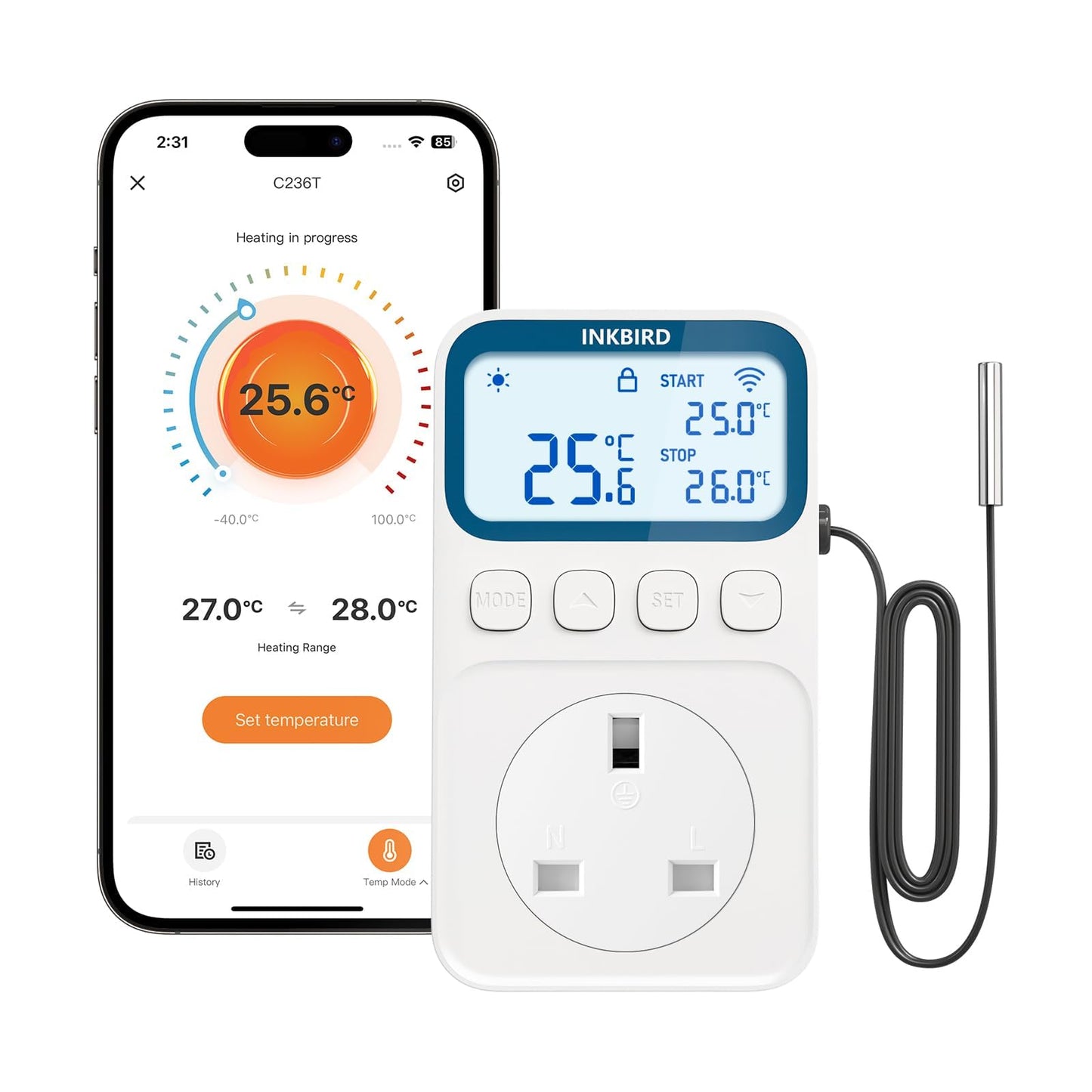 Inkbird C236T Thermostat Plug Socket, WIFI Temperature Controller for Heating and Cooling, App Control, Digital Thermostat Outlet Plug for Reptile,