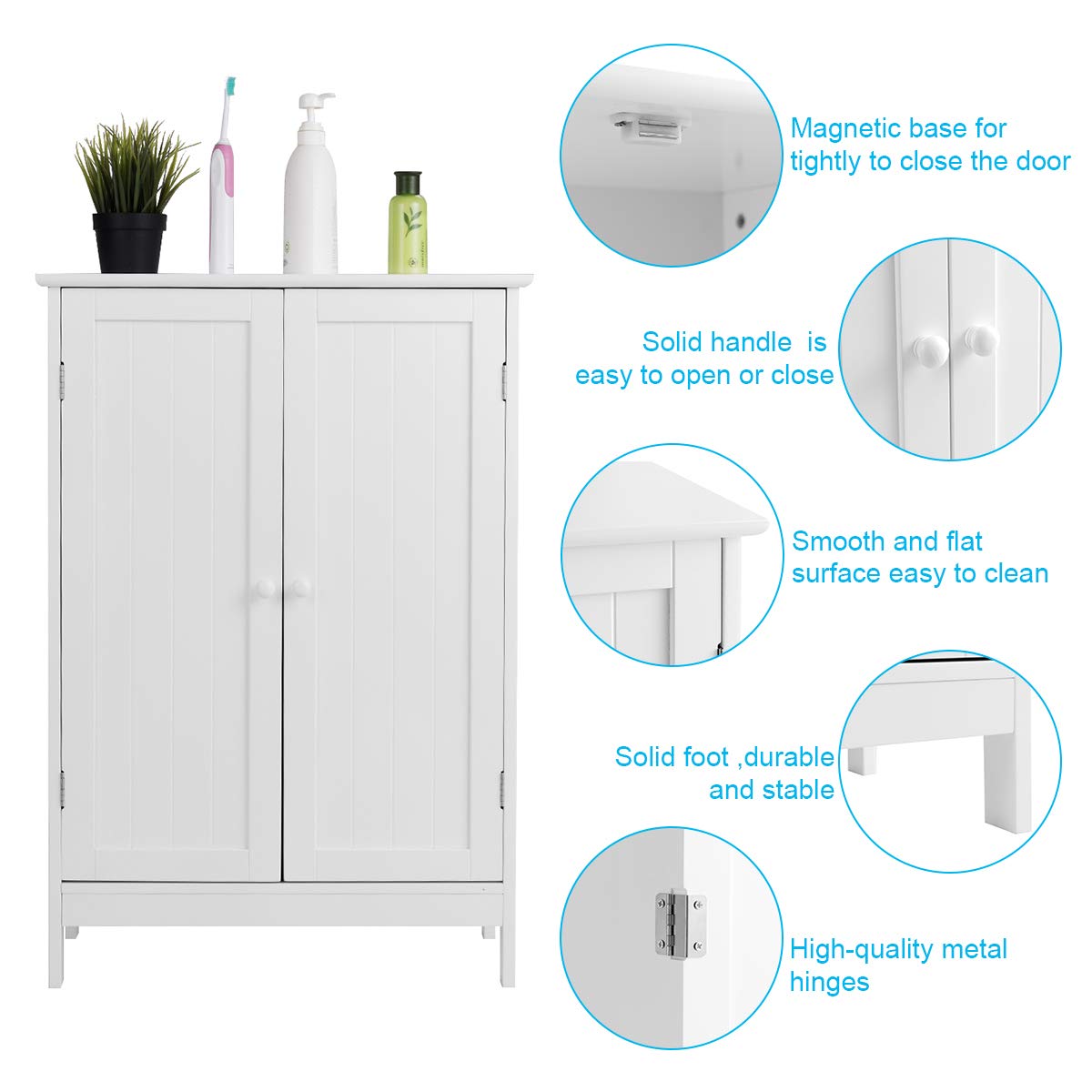CASART Bathroom Floor Cabinet, Freestanding Storage Cupboard, Double Door Wooden Storage Organizer Unit for Bathroom Living Room Bedroom (White)
