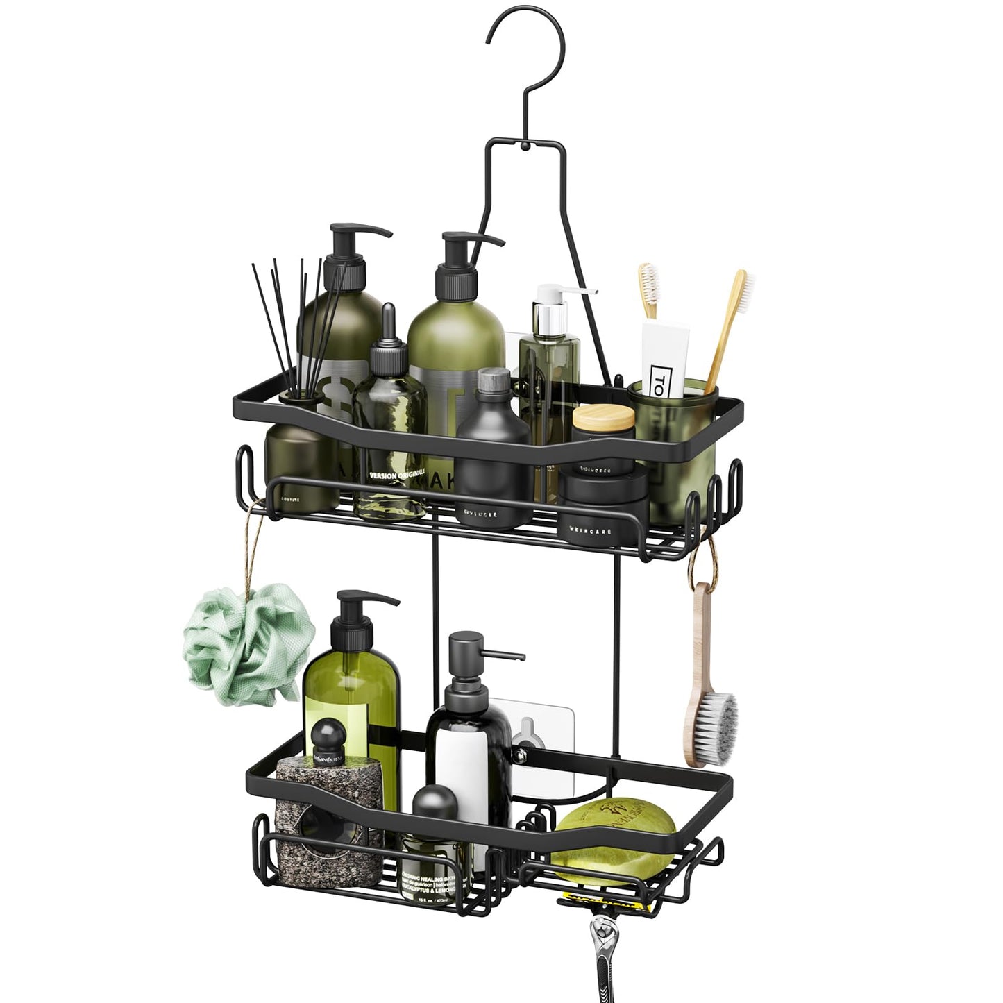 HapiRm Hanging Shower Caddy - Stainless Steel Shower Caddy No Drilling, 2-tier Shower Caddy Black with Razor and Soap Holder for Bath Boll, Towel,