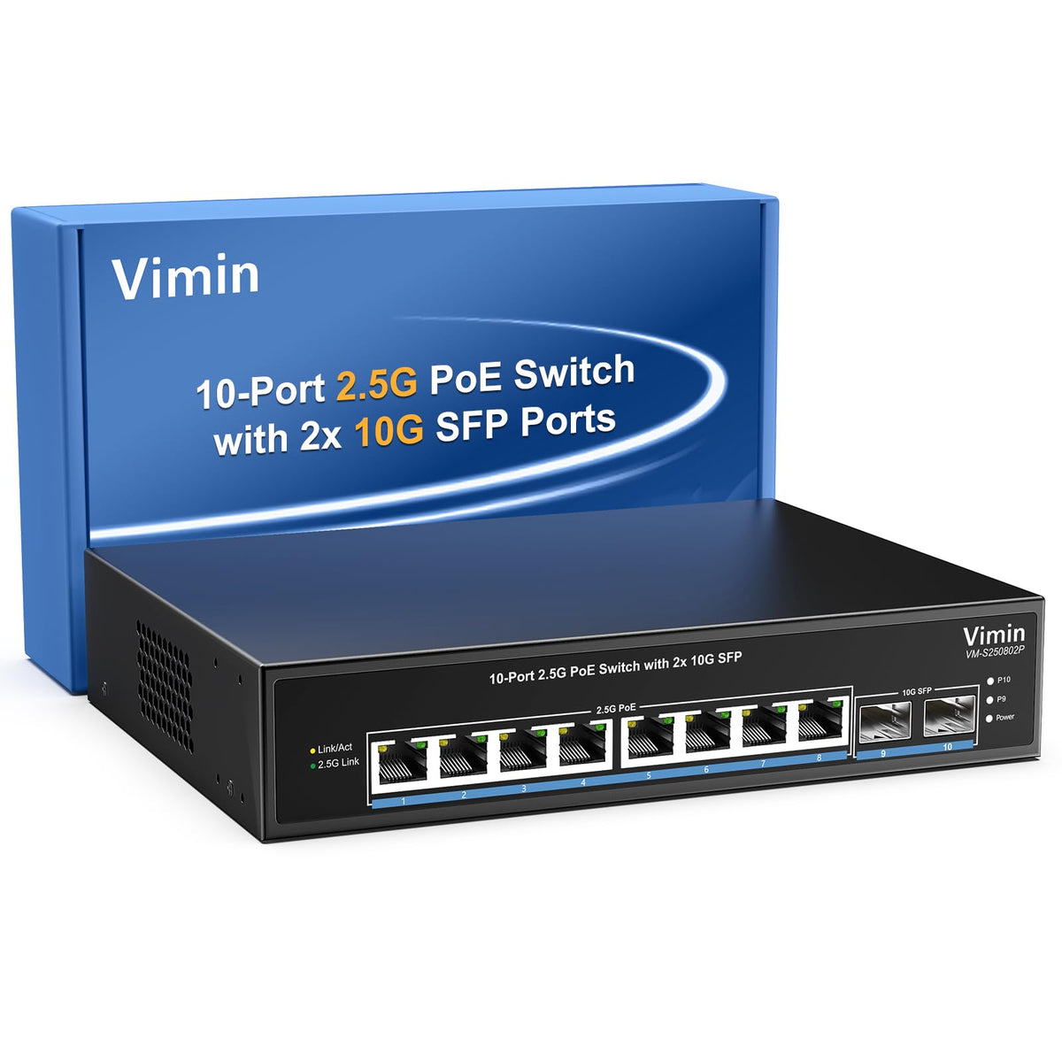 8 Port 2.5G PoE Switch Unmanaged with 2x 10Gbps SFP, VIMIN 10x 2.5G Base-T PoE Ports, 10G SFP PoE Switch w/ 80Gbps Ethernet Switching Capacity,