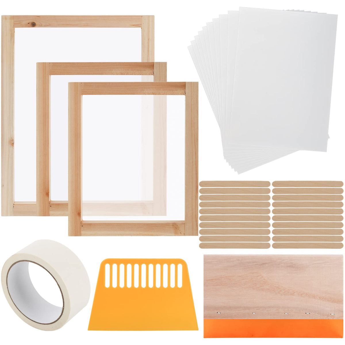 Lyellfe 36 Pieces Screen Printing Starter Kit, Include 2 Sizes Wood Silk Screen Printing Frame, Squeegees, Inkjet Transparency Film, Ideal for DIY